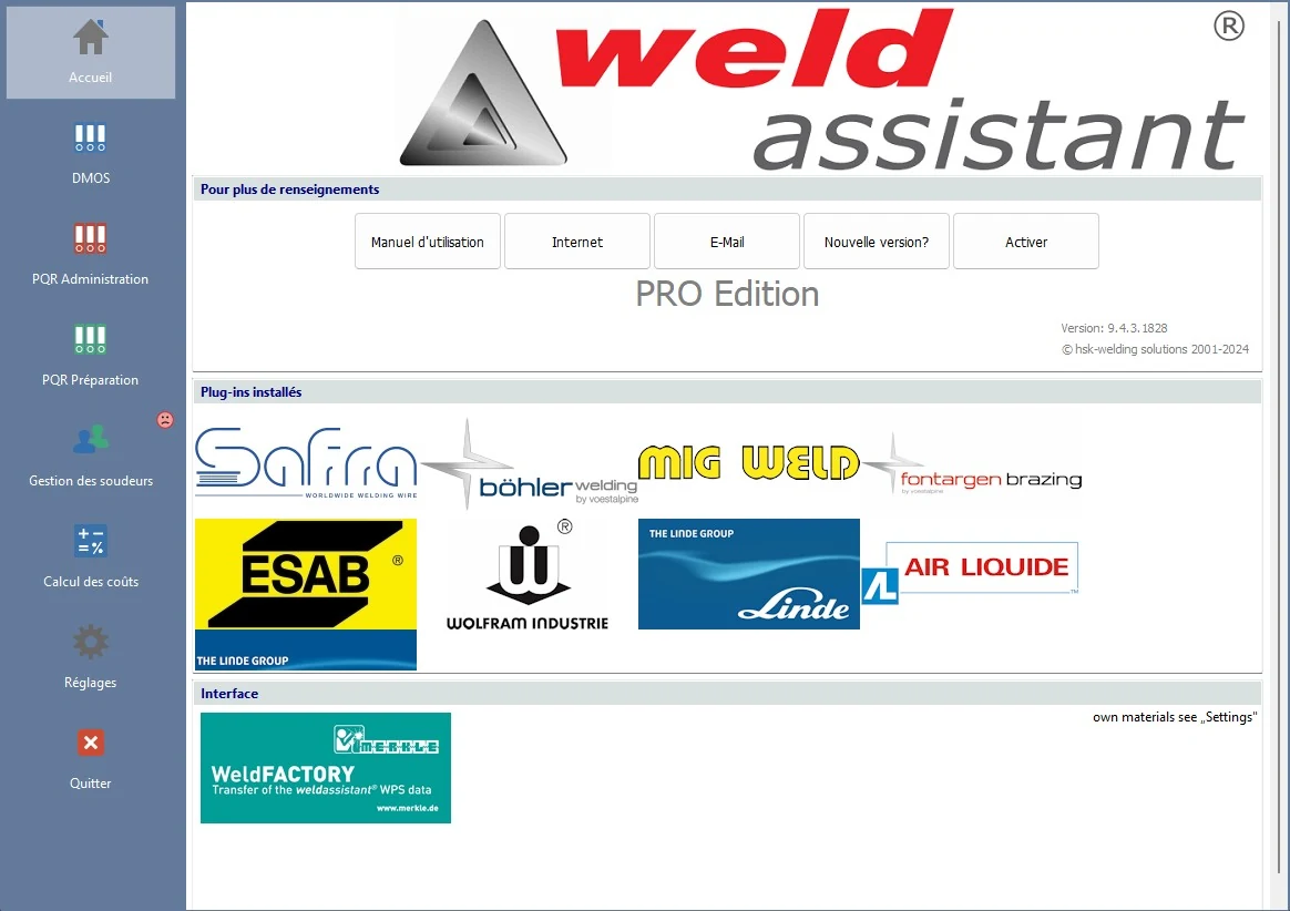 Écran d’accueil de WeldAssistant PRO en français
