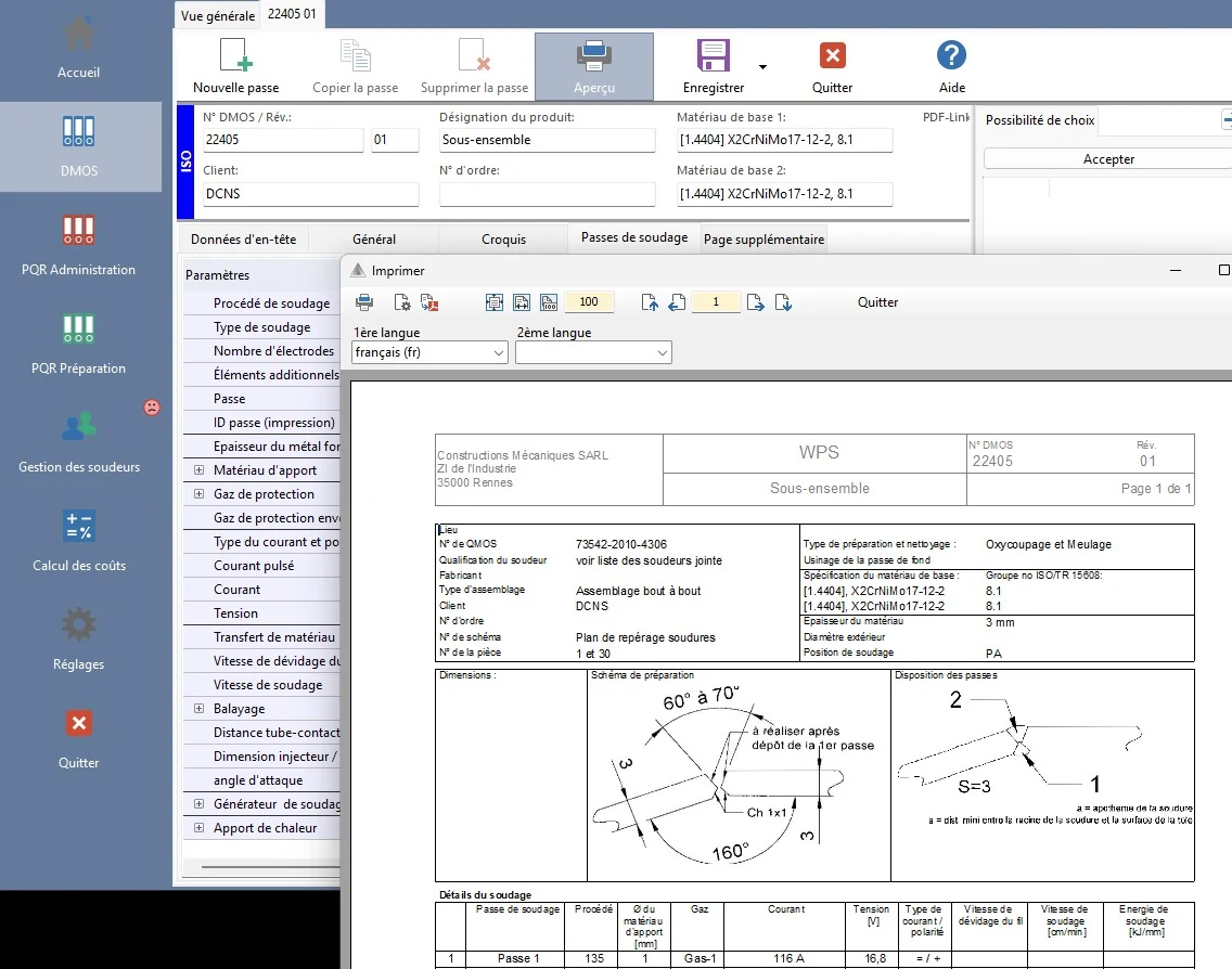 Interface WeldAssistant en français avec création d’un DMOS et aperçu du document WPS