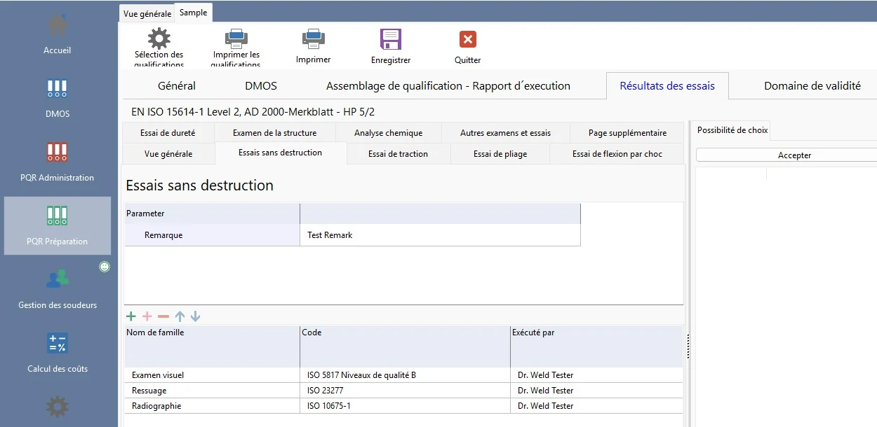 Préparation d’un QMOS dans WeldAssistant avec résultats des essais